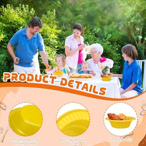 24 Pack 12 oz Disposable Plastic Bowls Dessert, Ice Cream, Salad, Soup Serving Cups for Party, Picnic, Food Snacks (Yellow) - Image 3