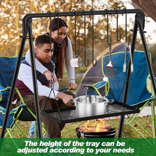 Rossesay Grill Swing Campfire Stand Campfire Cooking Equipment Adjustable Camping Accessories Cookware Hanging Rack with 8 Hooks and Portable Grill Stand for BBQ Picnic Outdoor Party - Image 5