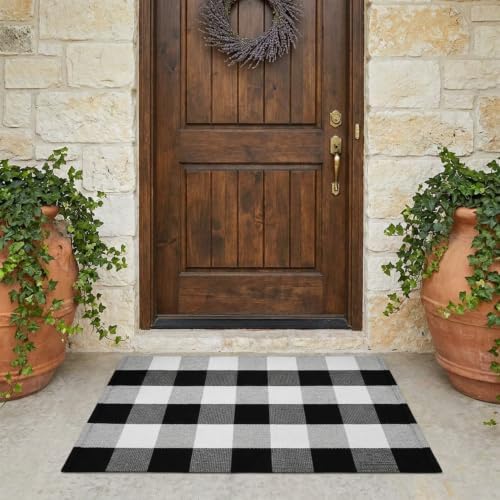 SEEKSEE Fall Decor Buffalo Plaid Outdoor Rug 2' x 3' Black and White Front Door Mat, Layering Rug for Porch, Washable Doormat, Cotton Area Rug for Outdoor Entrance Entryway Patio Porch Decor - Image 4