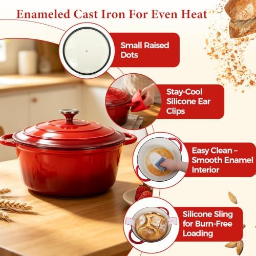 Enameled Cast Iron Dutch Oven 6QT with Lid-Banneton Basket Dough Tools - Image 7
