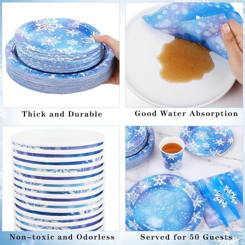 durony 350 Pcs Frozen Birthday Party Supplies Winter Snowflake Frozen Plates Napkins Cups Plastic Cutlery Frozen Party Disposable Tableware for Christmas Winter Wonderland Decorations Serve 50 Guests - Image 3