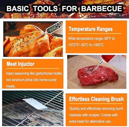 Grilljoy 24PCS BBQ Grill Tools Set with Meat Thermometer and Injector - Extra Thick Stainless Steel Fork, Spatula& Tongs - Complete BBQ Accessories in Aluminum Case - Perfect Grill Gifts for Men - Image 5