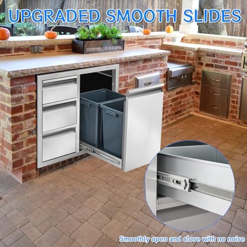 Outdoor Kitchen Drawer Combo, Stainless Steel Triple Drawer Cabinet with Built-in Trash Bin Drawer & Two Trash Cans, 28" W x 22" H x 19.5" D Outdoor Kitchen Storage for BBQ Grill Islands - Image 5