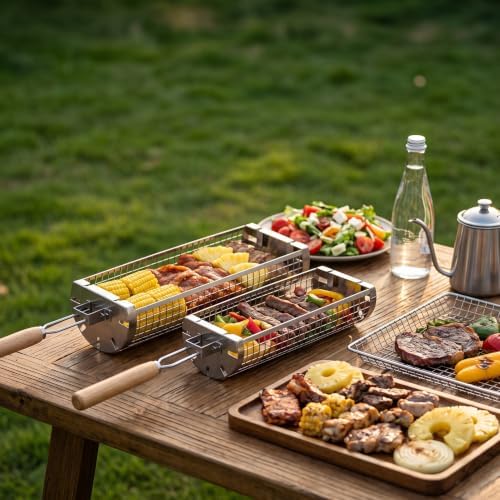 Rolling Grill Basket Set of 2, 304 Stainless Steel BBQ Grilling Baskets - Image 3