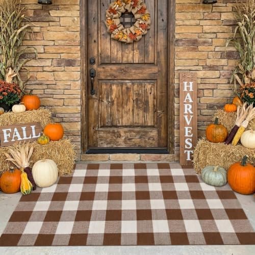 MUBIN Fall Decor Cotton Buffalo Plaid Rug, 3' x 5' Coffee White Outdoor Rug Front Door Decorative Mat, Washable Doormat Hand-Woven Foldable Area Rug Layered Door Mats Rug for Front Porch, Entryway by MUBIN