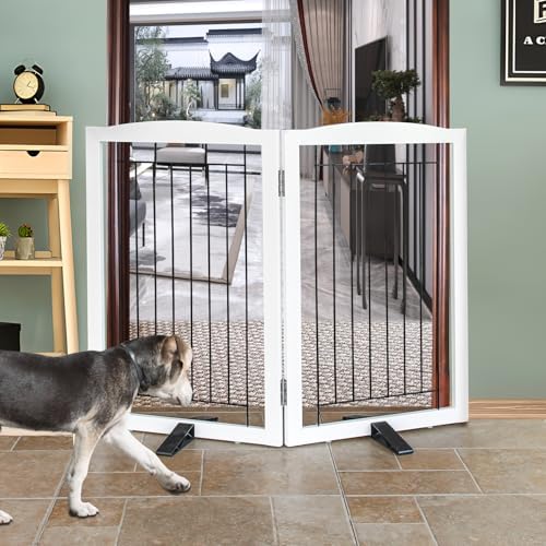 ZJSF Freestanding Dog Fence Indoor, Foldable Dog Gate for Doorways, Stairs or Hallways, Sturdy Wood Extra Wide Pet Gate with Support Feet for The House, White, 32 "Height-2 Panels by ZJSF