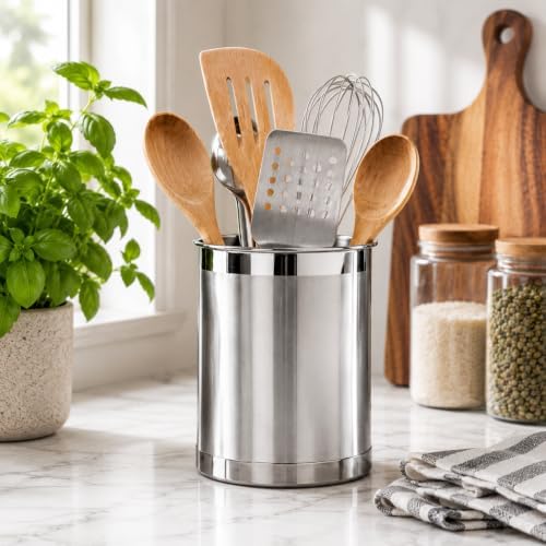 Oggi Stainless Steel Utensil Holder - 5" Diameter, Utensil Caddy, Weighted Base for Stability - Larger-Sized Utensil Crock and Countertop Utensil Organizer, Stainless Steel - Image 5