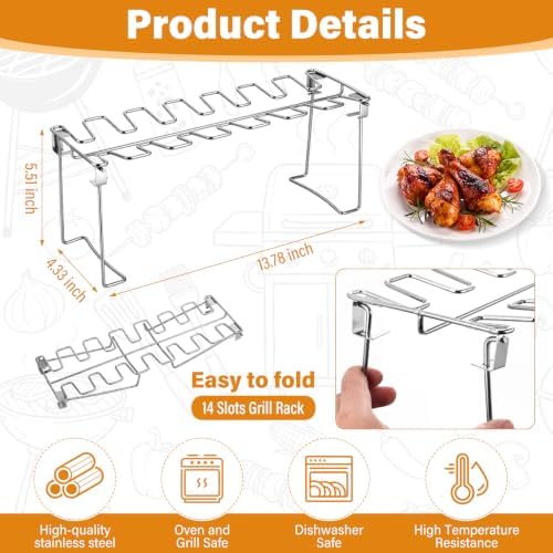 3 Pcs Grill Racks Set - 14-Slot Foldable Chicken Leg & Wing Rack, Rib Rack for Smoking, Beer Can Chicken Holder - Grilling Stainless Steel Accessories for Outdoor Smoker, Charcoal Grill, Oven - Image 2