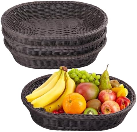4 Pack 15.7 Inch Oval Poly Wicker Baskets, Plastic Oval Wicker Baskets, Rustic, Durable & Easy-Cleaning Wicker Bread Basket, for Home, Restaurant & Hotel Use, Coffee by Geytetqi