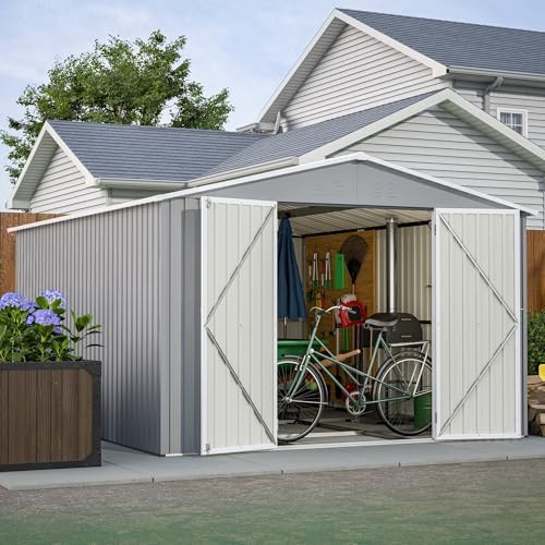 YOPTO 10x12 FT Outdoor Storage Shed with Floor Frame Kit,Metal Shed W/Double Lockable Doors,Garden Tool Storage House W/ 4 Air Vents & Sloped Roof,for Backyard,Patio,Lawn,Gray - Image 2