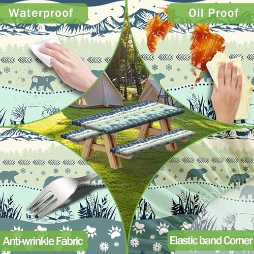 Picnic Table Cover with Bench Covers and Bag, Camping Essentials, Bohemian Waterproof Windproof Camping Tablecloth, Fitted Tablecloth Cover with Elastic Edge, for Garden & Outdoor, 3 PCS, 30x72 Inch - Image 6