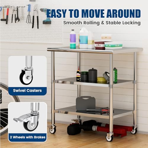 Stainless Steel Work Table with Wheels, 24x36 Inch NSF Kitchen Prep Table with 2 Adjustable Undershelves for Commercial Restaurant, Garage, Outdoor BBQ - Image 6