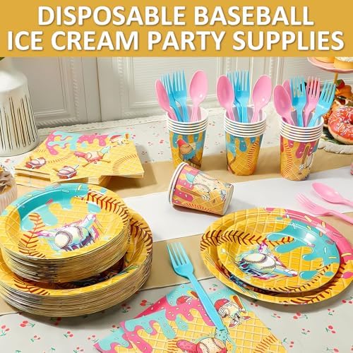 FoldTier 175 Pcs Ice Cream Drip Baseball Birthday Party Decorations Set Ice Cream Paper Plates Napkins Fork Set Disposable Fairy Tableware Decorations Supplies for Baby Shower Dinner Serves 25 - Image 2