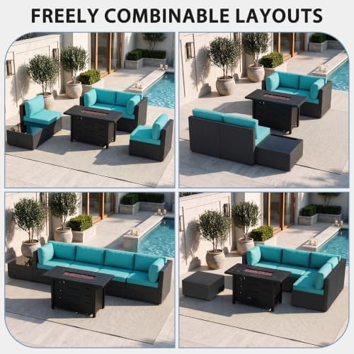 Shintenchi 6 Piece Outdoor Patio Furniture Set with 43 Inch Propane Fire Pit, Washable Cushions, Glass Coffee Table, Waterproof Cover & CSA Certified for Backyard Poolside, Black PE Rattan/Blue - Image 3