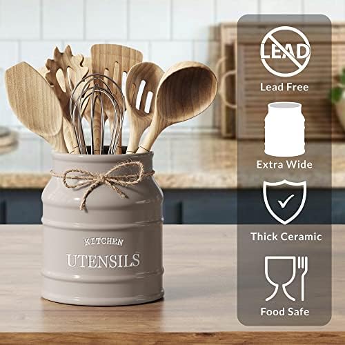 Barnyard Designs Ceramic Kitchen Utensil Holder Countertop 6.75″ (Taupe) - Image 3