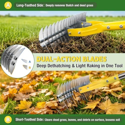 Thatch Rakes , 15-Inch Wide Thatching Rake for Cleaning Dead Grass, 70-Inch Efficient Steel Dethatcher Rake with Adjustable Metal Handle, Thatch Rakes for Lawns, Garden, Yard - Image 4