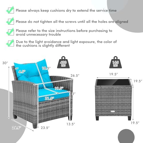 Tangkula 3 Pieces Patio Furniture Set, Outdoor PE Rattan Conversation Chair Set with Tempered Glass Side Table and Removable Cushions, PE Wicker Chairs and Table Set for Porch, Balcony and Garden - Image 6