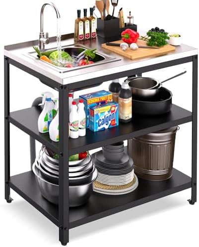 36"H Outdoor Kitchen Sink Station, Outdoor Sink with Hose Hook Up, Stainless Steel Outdoor Utility Sink with Countertop, Freestanding Laundry Sink for Backyard, Garage, Patio, Restaurant by CCDVVD