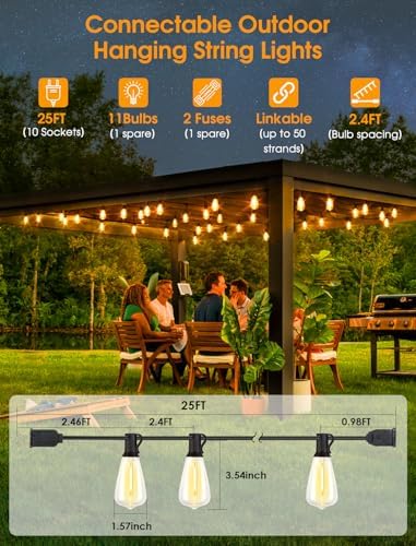 Larkvue 25FT Outdoor String Lights, Patio Lights with 10+1 LED Dimmable Waterproof Shatterproof ST38 Retro Edison 2700K Bulbs for Balcony Yard, Black - Image 4