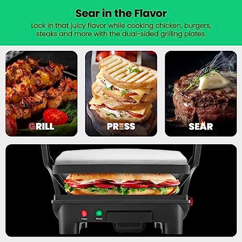 Chefman Panini Press Grill and Gourmet Sandwich Maker Non-Stick Coated Plates, Opens 180 Degrees to Fit Any Type or Size of Food, Stainless Steel Surface and Removable Drip Tray, 4 Slice, Black - Image 4