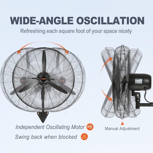 VEVOR 24 Inch 3-Speed 7000 CFM Black Waterproof Wall Mount Oscillating Fan - Image 5