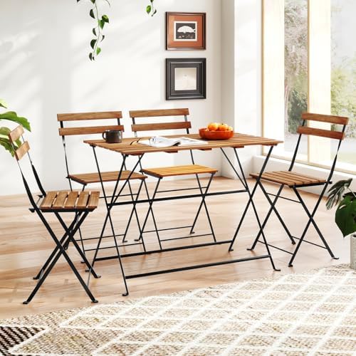 GIANTEX 5-Piece Outdoor Dining Table Set for 4, Acacia Wood Bistro Table with 4 Folding Patio Chairs, Slatted Seat & Tabletop, Metal Frame, for Yard Porch Garden Poolside (Black + Brown) - Image 4