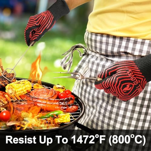 QUWIN BBQ Gloves, BBQ Accessories 1472℉ Extreme Heat Resistant, Grilling Gloves Silicone Non-Slip Oven Mitts, Kitchen Gloves for BBQ, Grilling, Cooking, Baking-1 Pair 11inch, Red - Image 3
