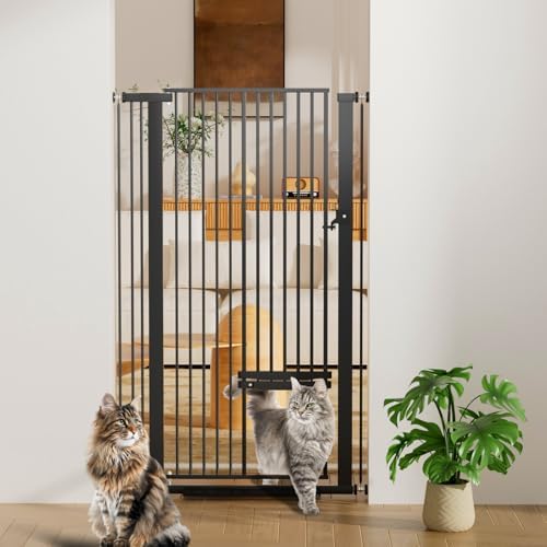 55.1" Extra Tall Pet Gate with Adjustable Cat Door, 29.5-35" Extra Wide Cat Gate, Pressure Mounted Walk Through Pet Safety Gate for Stairs, Doorways, Black by YUFU