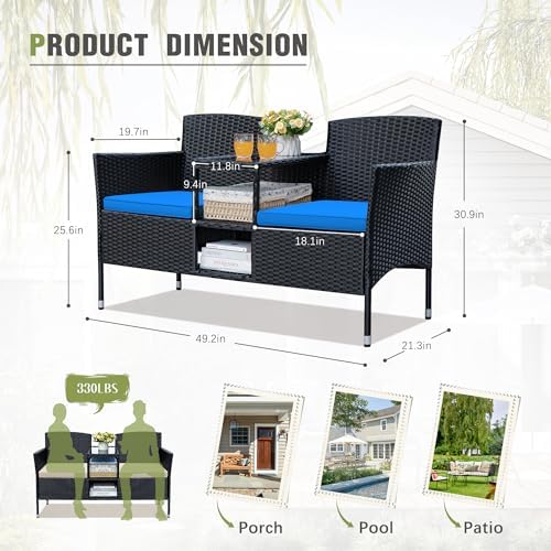 Greesum Patio Loveseat Outdoor Wicker Furniture Conversation Set,Blue - Image 7