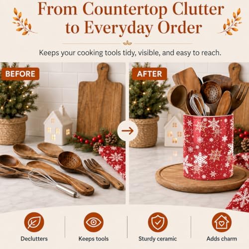 Christmas Snowflake Red Kitchen Utensil Holder, Xmas Winter Large Ceramic Utensil Holder For Countertop Organizer, 6.3'' Cooking Utensil Crocks Festivel Decor Utensil Storage Cup for Kitchen - Image 6