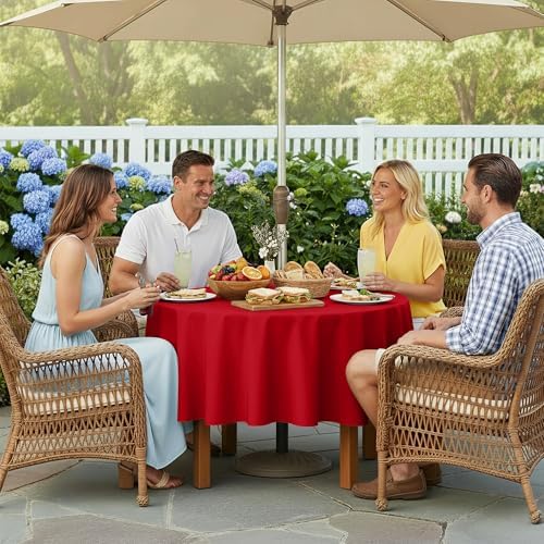 LUSHVIDA Round Outdoor Tablecloth with Umbrella Hole 60 Inch Red - Image 3