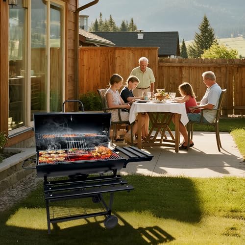 27" Large Charcoal Grill with Lid, Outdoor BBQ Grill with Thermometer, Side Shelves, Wheels & Ash Catcher, Barrel Smoker for Backyard Cooking - Image 6