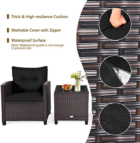 RELAX4LIFE 3 Piece Patio Furniture Set, Wicker Bistro Conversation Set w/ 2 Cushioned Armchairs & Glass Topped Table, Outdoor Rattan Sofa Set Patio Furniture for Porch Balcony Poolside (Black) - Image 4