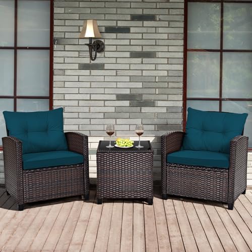 Tangkula 3 Pieces Patio Furniture Set, PE Rattan Wicker 3 Pcs Outdoor Sofa Set w/Washable Cushion and Tempered Glass Tabletop, Conversation Furniture for Garden Poolside Balcony (Prussian Blue) - Image 2