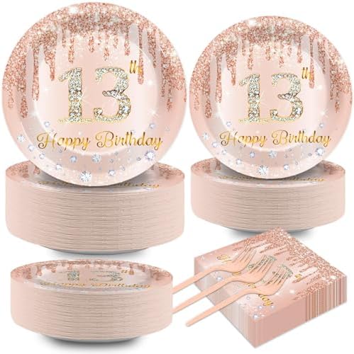 200 PCS Rose Gold 13th Birthday Party Plates Napkins Pink 13th Tableware Set for Happy 13 Years Old Birthday Decorations Dessert Plates Forks Serve 50 Guests for Girls 13 Years Old Party Supplies by CHUNNIN