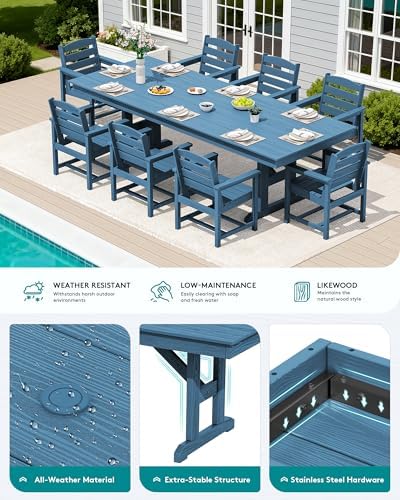 SERWALL 9Pcs 84" HDPE Outdoor Dining Set for 8 with Armchairs,Blue - Image 4