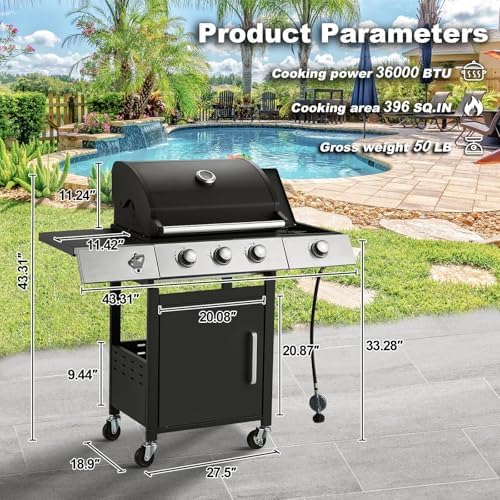 MELLCOM Upgraded 36,000 BTU Stainless Steel Burner Barbecue Grill, 3 Burner BBQ Propane Gas Grill with Cast Iron Grates & Side Stove for Patio, Camping, Outdoor Cooking - Image 2