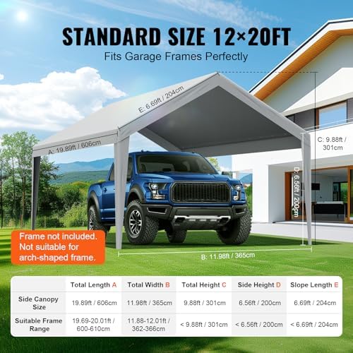 VEVOR Carport Replacement Canopy Cover 12 x 20 ft, Garage Top Tent Shelter Tarp Heavy-Duty Waterproof & UV Protected, Easy Installation with Ball Bungees,Grey (Only Top Cover, Frame Not Include) - Image 4