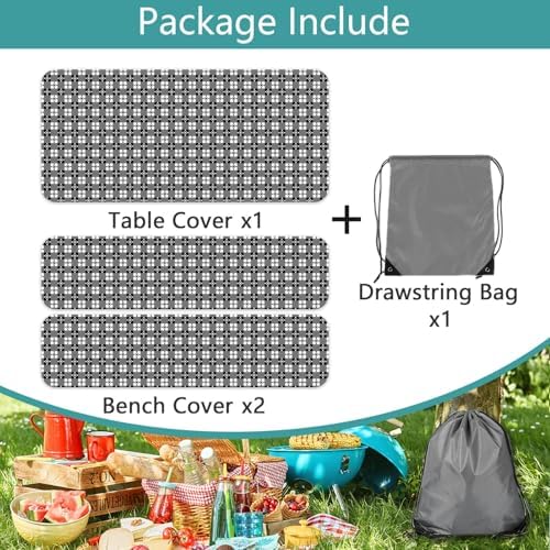 Picnic Table Cover with Bench Covers and Bag, Camping Essentials, Buffalo Plaid Waterproof and Windproof, Fitted Tablecloth Cover with Elastic Edge, for Outdoor, 3 PCS, (Black & White, 30"x96") - Image 4