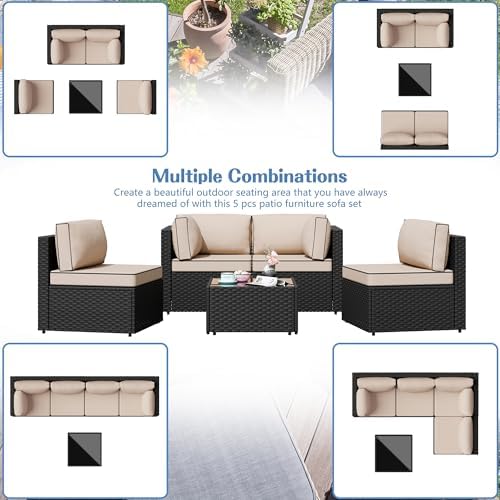 Shintenchi 5 Piece Outdoor Patio Furniture Set with Black PE Rattan, Khaki - Image 7