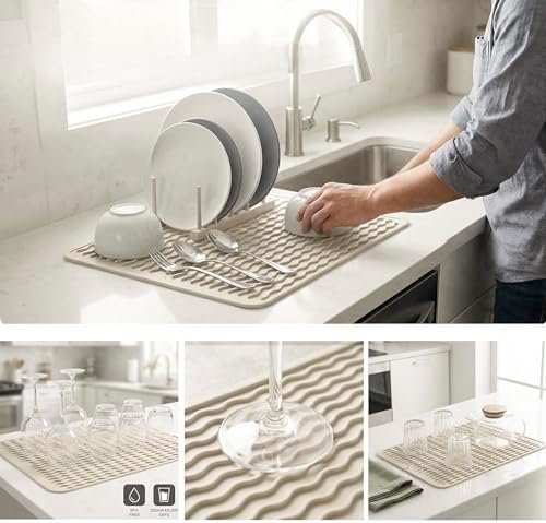 MicoYang Silicone Dish Drying Mat — Quick-Dry Ridges Counter & Sink Pad, Heat-Resistant Trivet to 450°F, Non-Slip & Dishwasher Safe, Roll-Up Storage, 18 Colors & 9 Sizes (Tapioca, 16"×12") - Image 3