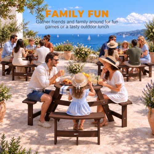 6 Person Wooden Picnic Table, Outdoor Round Picnic Table with 4 Built-in Benches, Umbrella Hole, Outside Table and Bench Set for Patio, Backyard, 500lbs Capacity Per Bench (Brown - 6 Person) - Image 4