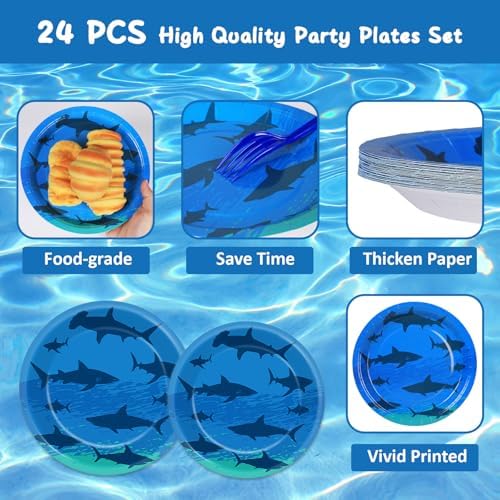 96PCS Shark Birthday Paper Plates Napkins Forks Set for Ocean Shark Themed Party Disposable Decor Under the Sea Party Tableware Sets for Baby Shower Ocean Animal Theme Party Decorations - Image 3