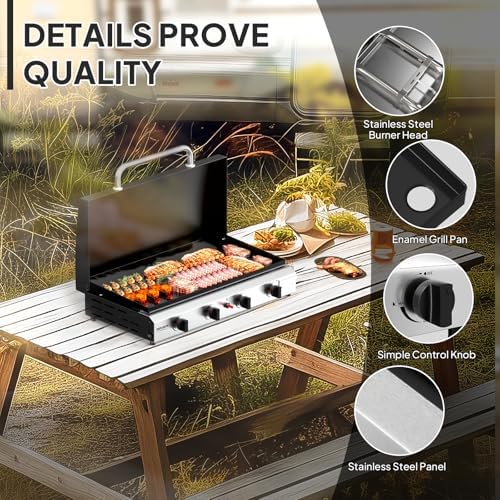 ROVSUN 4 Burner Portable Propane Griddle with Ignition & Regulator, 40,000 BTU Tabletop Flat Top Gas Grill with Enameled Tray & Lid for Outdoor Cooking Camping BBQ Tailgating Electronic - Image 3