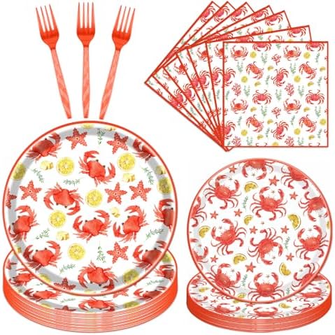Gameza Crab Boil Party Tableware Supplies, 96PCS Seafood Crab Paper Plate Napkin Fork Party Decorations, Summer Disposable Dinnerware Set Serves 24 by GAMEZA