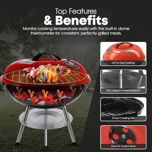 GasOne 14-inch Portable Charcoal Barbecue Grill with Thermometer – Red - Image 3
