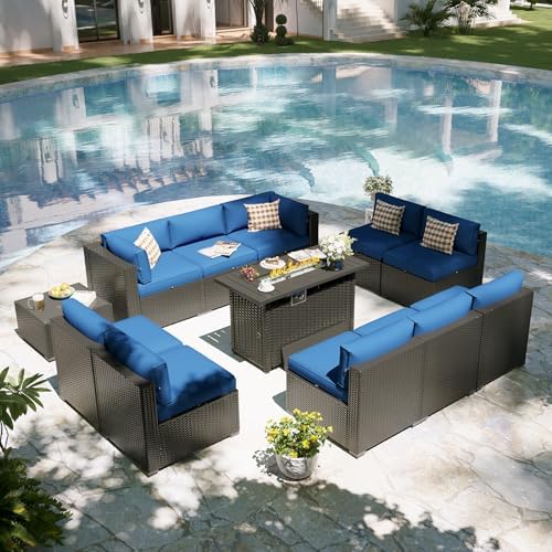 Aoxun Patio Furniture Set with Fire Pit Table, 12 Piece Outdoor Sectional Set, 10 Seats Wicker Rattan Outdoor Furniture with Thickened Cushion for Backyard, Garden Navy Blue - Image 6
