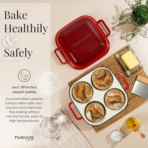 QuadPro Enamelled Cast Iron Bread Loaf Pot – Dutch Oven for Sourdough Bread Baking – 500°F Oven Safe Non Stick Bread Pot – 4 Round Loaf Spaces (4.90-inch Diameter), Red – by Nuovva - Image 2