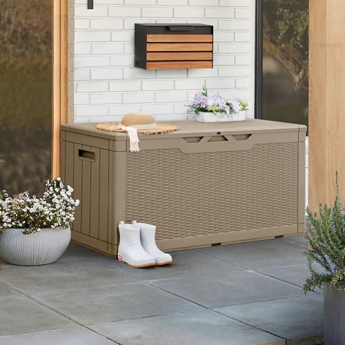 Greesum 100 Gallon Resin Patio Storage Box for Garden Tools, Coffee - Image 5