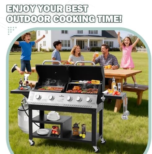 Outdoor Grill Griddle Combo, 54,000 BTU Propane BBQ with 627 SQ.IN. Cooking Area, Porcelain Cast Iron Grates, Foldable Tables, Locking Wheels & Storage Cabinet for Backyard - Image 7